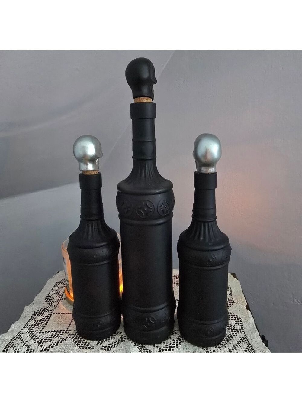Three Black Glass Gothic Witch Tincture Potion Bottles With Skull Cork Stoppers - Picture 3 of 12